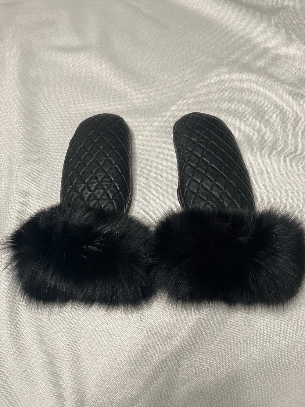 Mitchies Blue Fox Fur Trimmed Quilted Leather Mittens